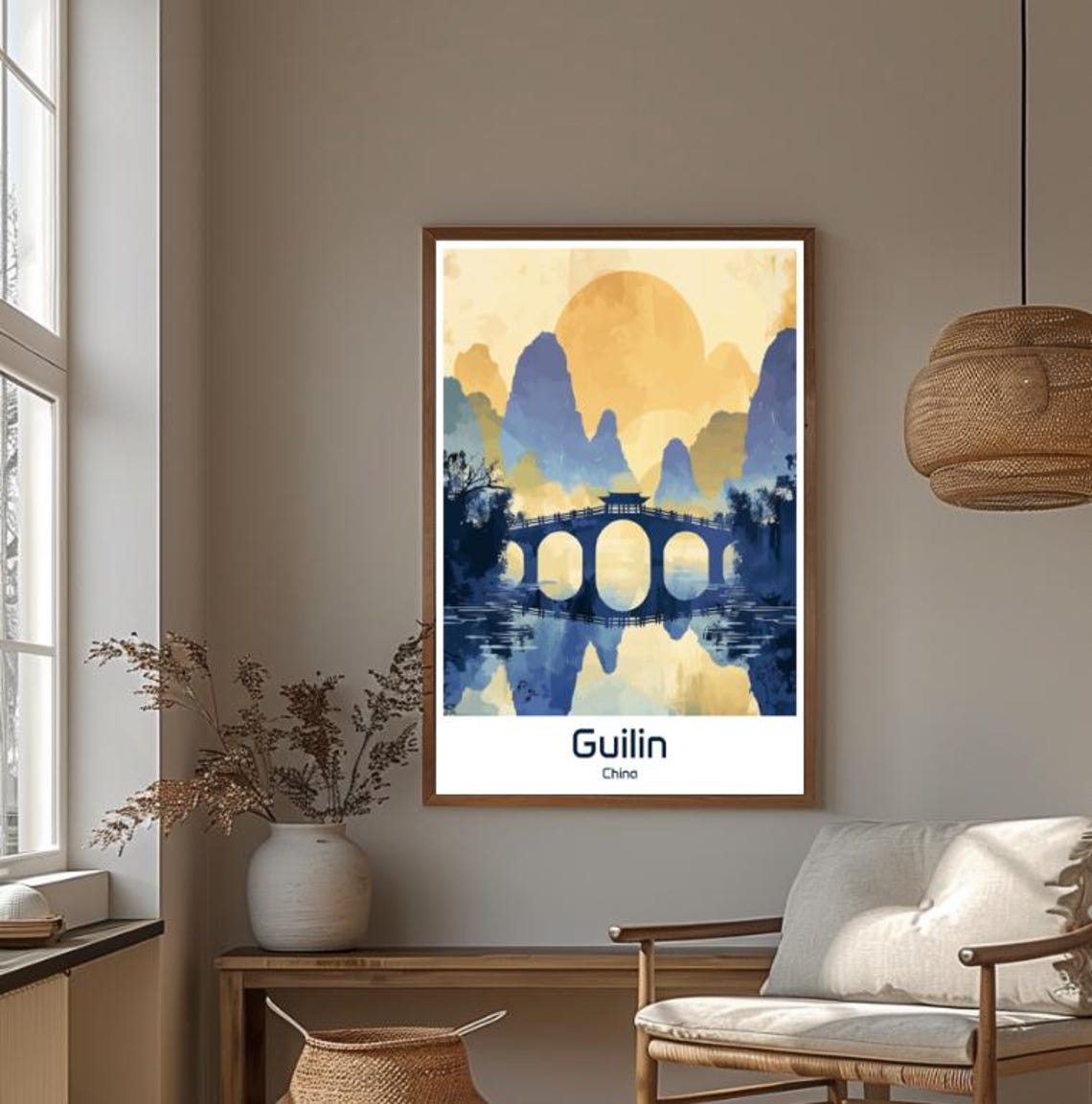 Guilin China Karst Mountains At Sunset Reflection Vintage Poster - Image 4