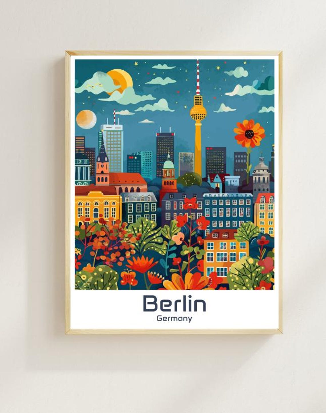 Berlin Germany Night Skyline TV Tower Floral Cityscape Poster