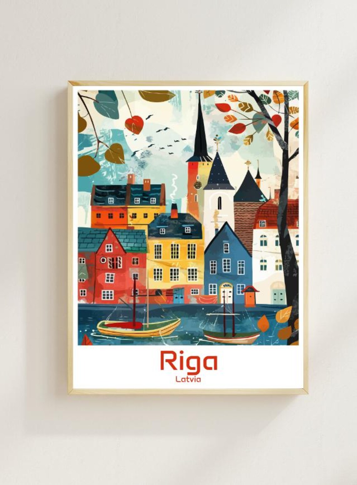 Riga Latvia Old Town Harbor Boats Colorful Waterfront Poster