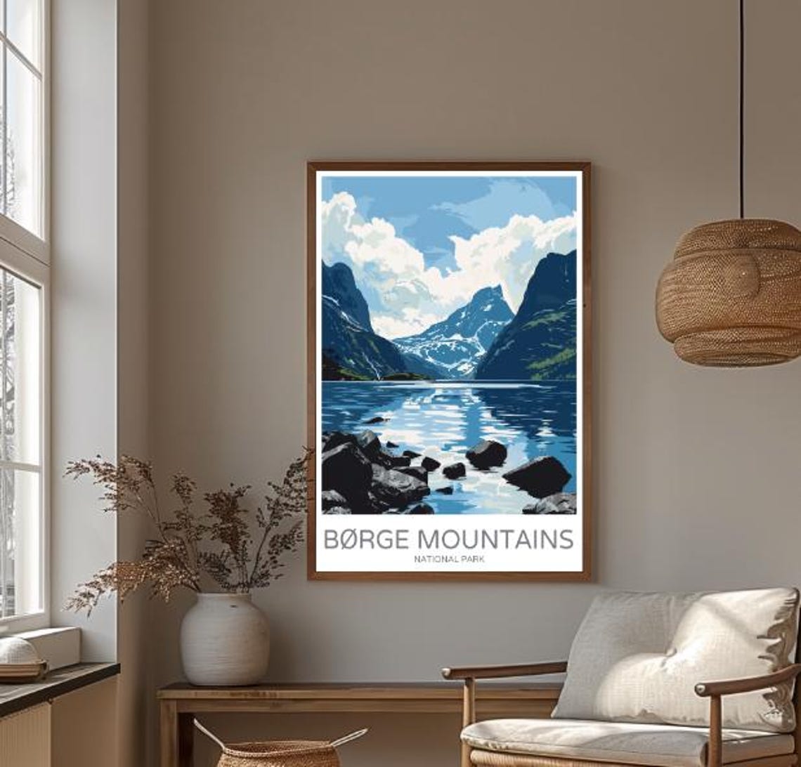 Børge Mountains Snowy Peaks Reflecting In Lake Travel Poster - Image 3