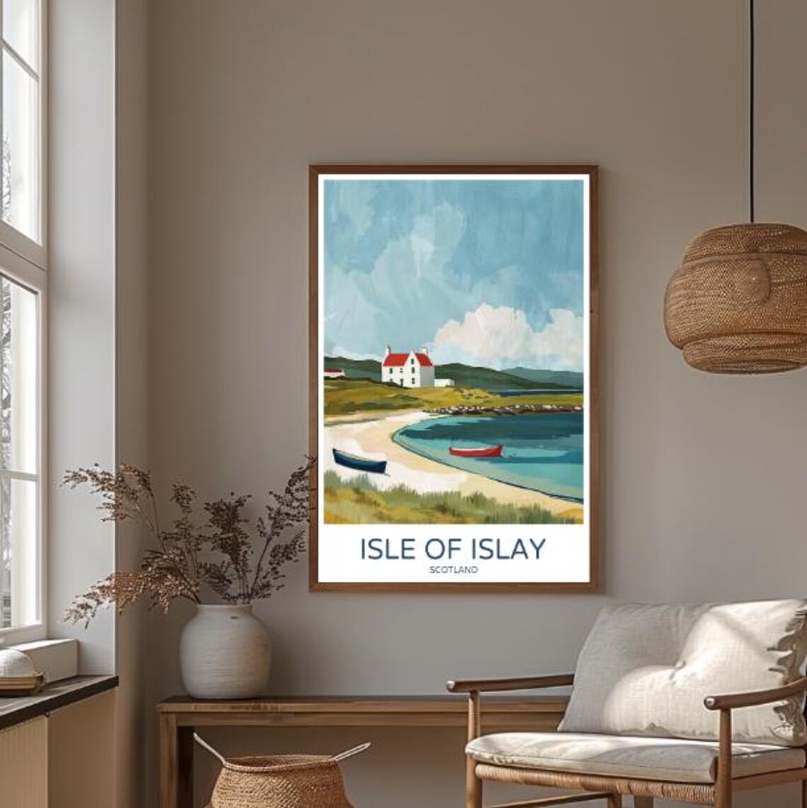 Isle Of Islay Scotland Coastal Poster With White Cottage Red Boat Beach - Image 3
