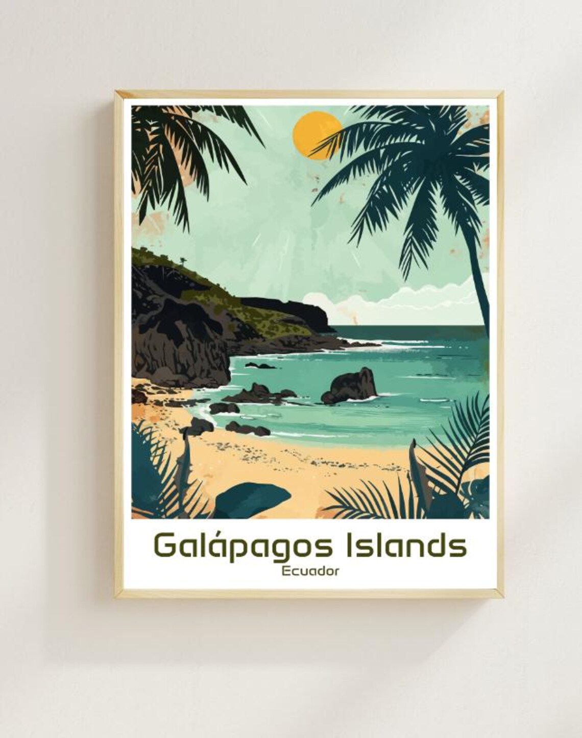Galapagos Islands Ecuador Beach Palm Trees Sunset Travel Poster