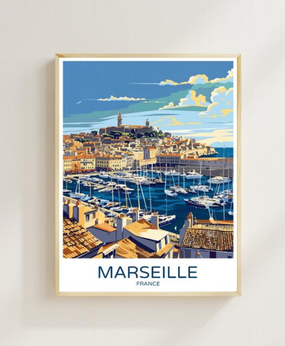Marseille France Old Port Marina With Basilica Travel Poster
