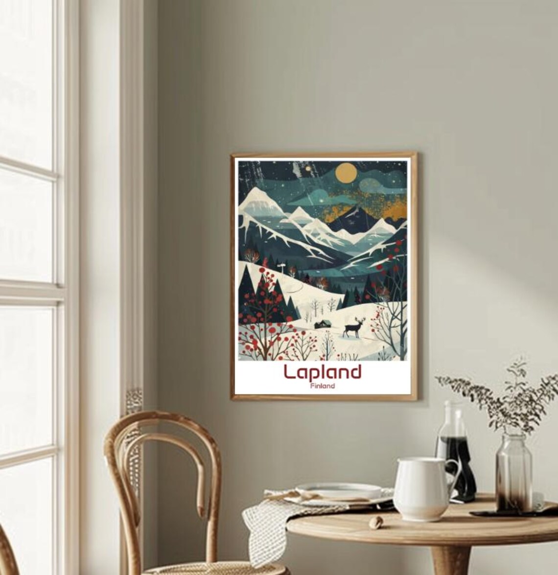Lapland Finland Winter Night Reindeer Northern Lights Travel Poster - Image 2
