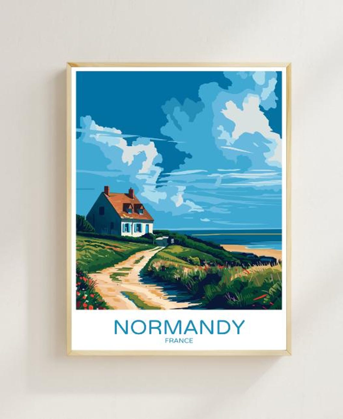 Normandy France Coastal Cottage Seaside Vintage Travel Poster