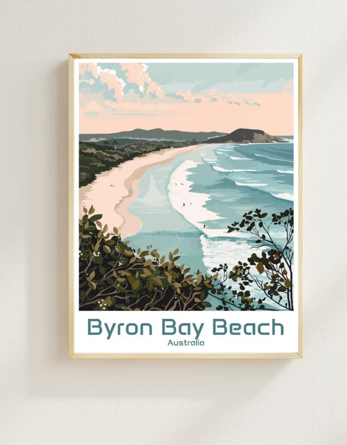 Byron Bay Australia Curved Sandy Beach Surf Retro Travel Poster