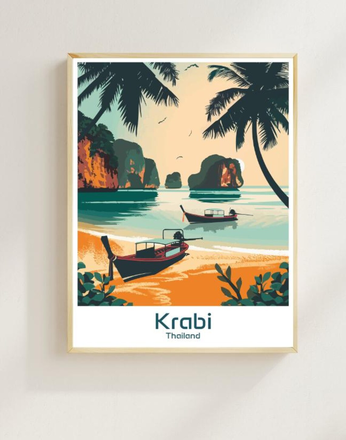 Krabi Thailand Tropical Beach Longtail Boats Sunset Travel Poster