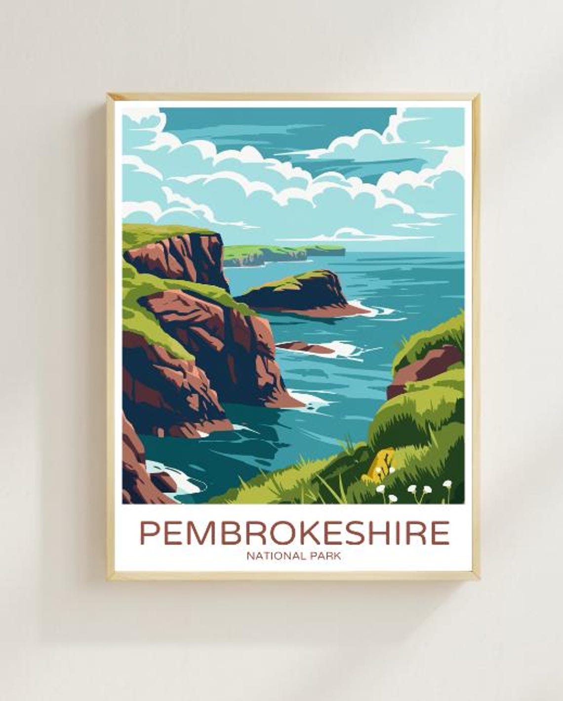 Pembrokeshire Red Cliffs And Teal Sea Coastal Landscape Travel Poster