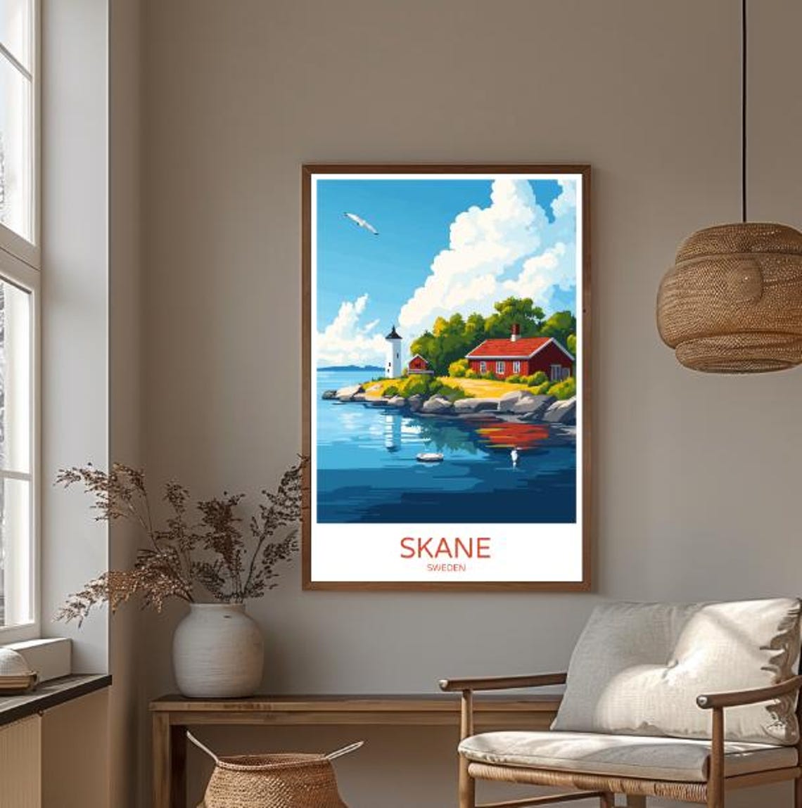 Skane Sweden Lighthouse With Red Cottage on Rocky Shores Poster - Image 4