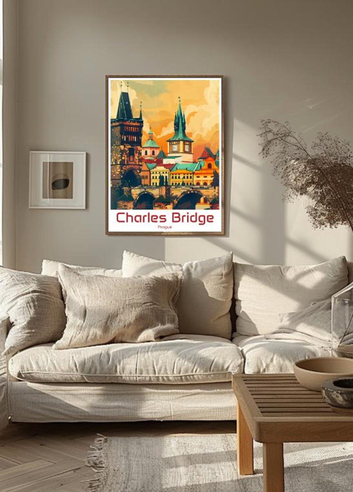 Charles Bridge Prague At Sunset With Gothic Towers Vintage Poster - Image 3