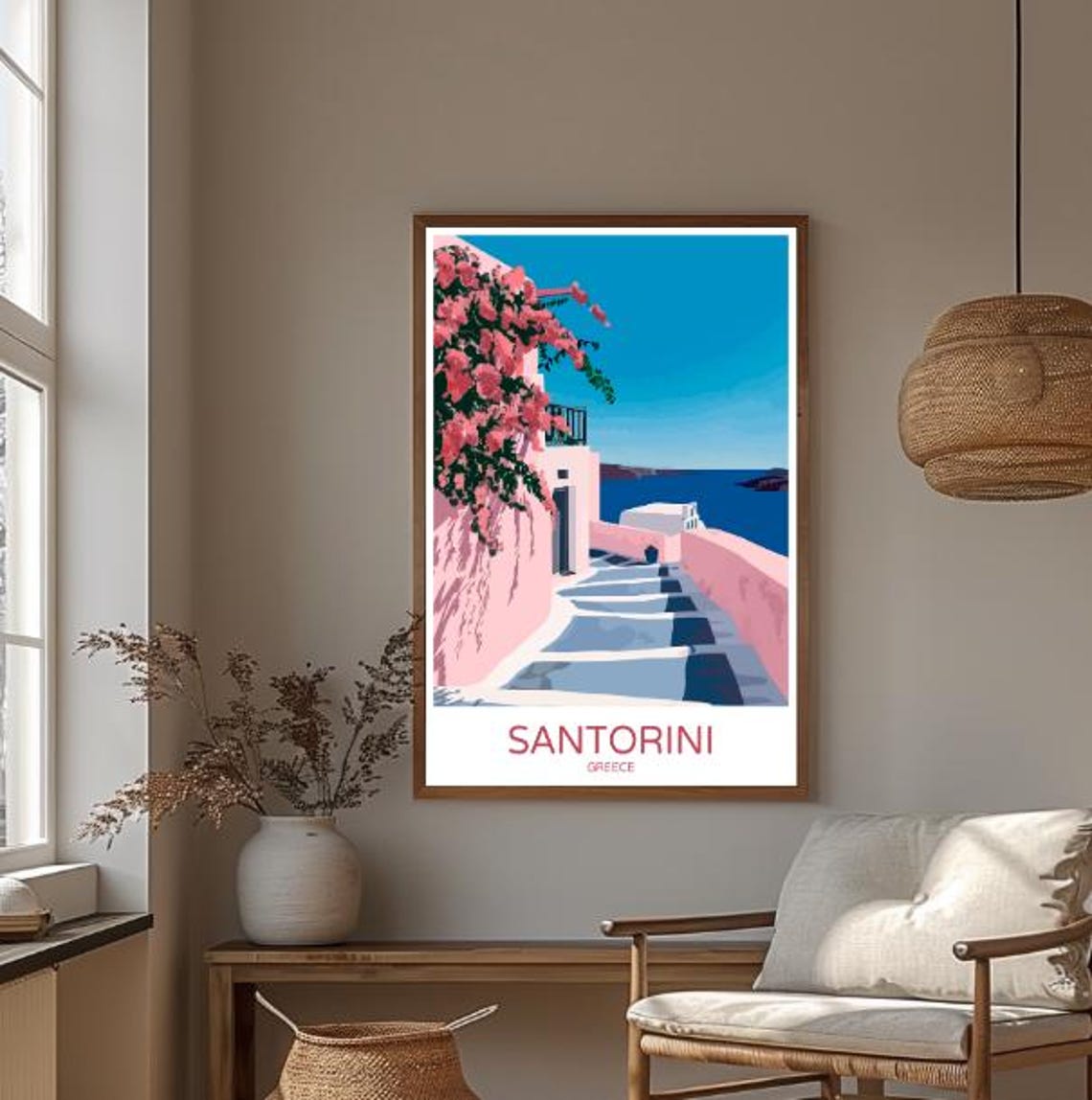 Santorini Greece Pink Bougainvillea Steps Aegean Travel Poster - Image 3