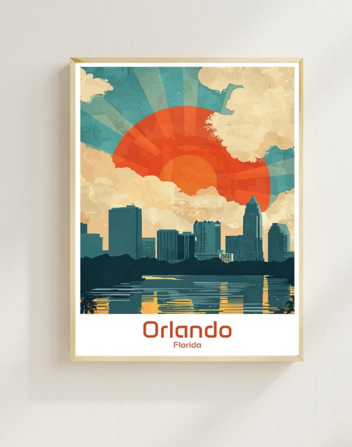 Orlando Florida Sunset Skyline Lake Reflection Vintage Travel Poster