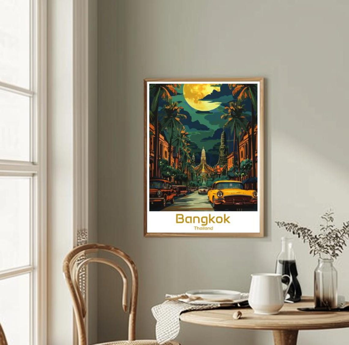 Bangkok Thailand Night Street With Temple Spires And Moon Poster - Image 2