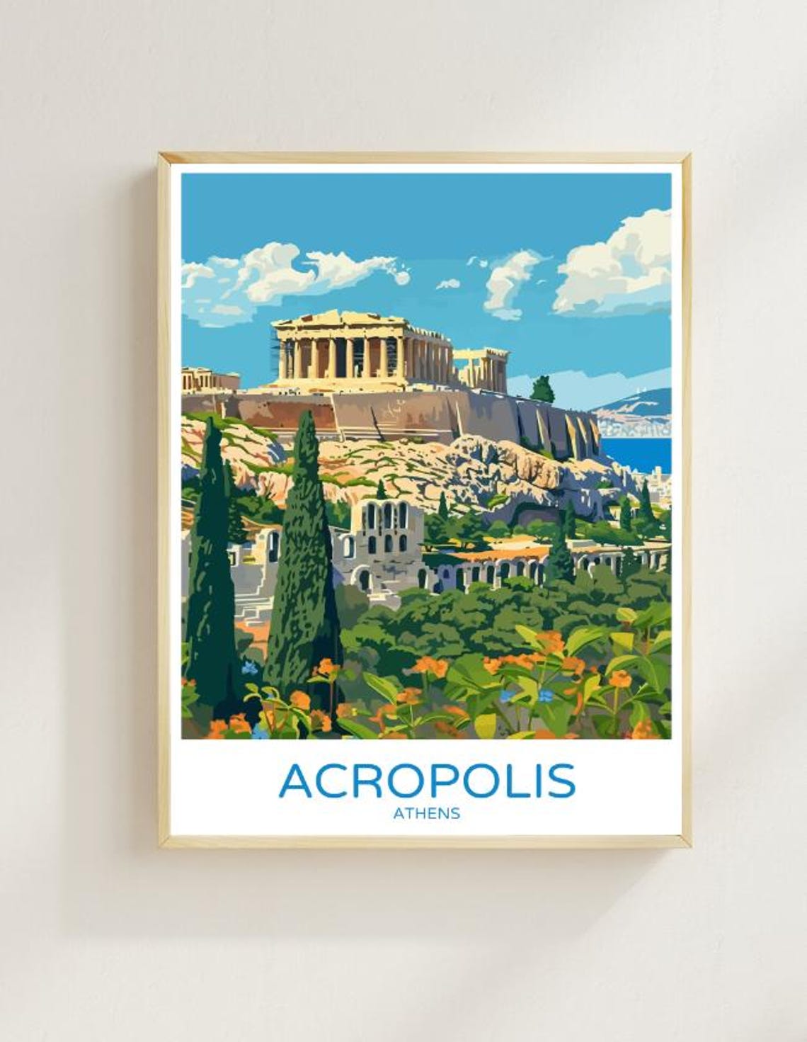 Acropolis Parthenon Athens Illustrated Ancient Landmark Travel Poster