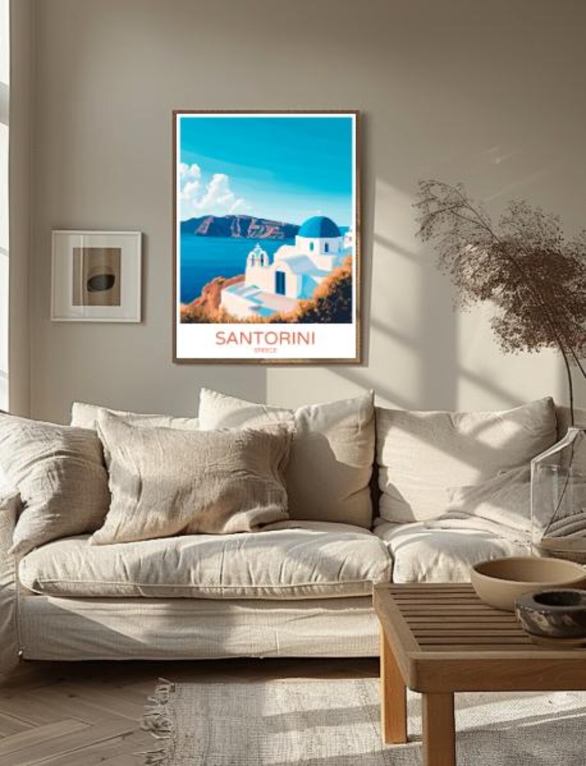 Santorini Greece Travel Poster With White And Blue Domed Church - Image 2