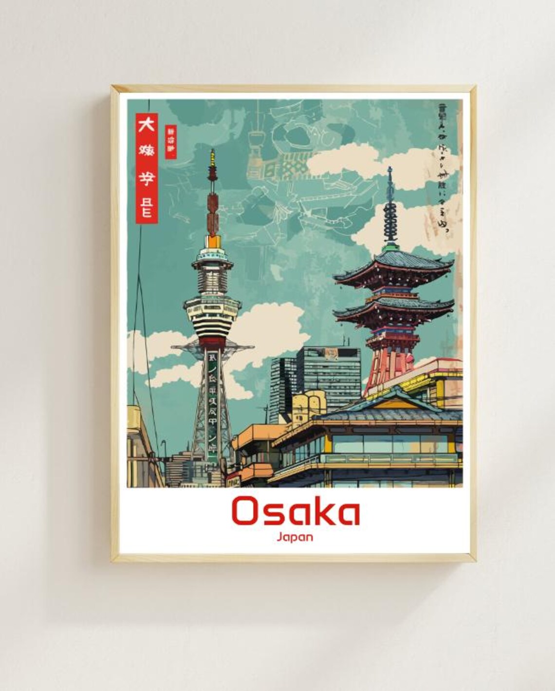 Osaka Japan Tsutenkaku Tower And Five Story Pagoda Retro Poster