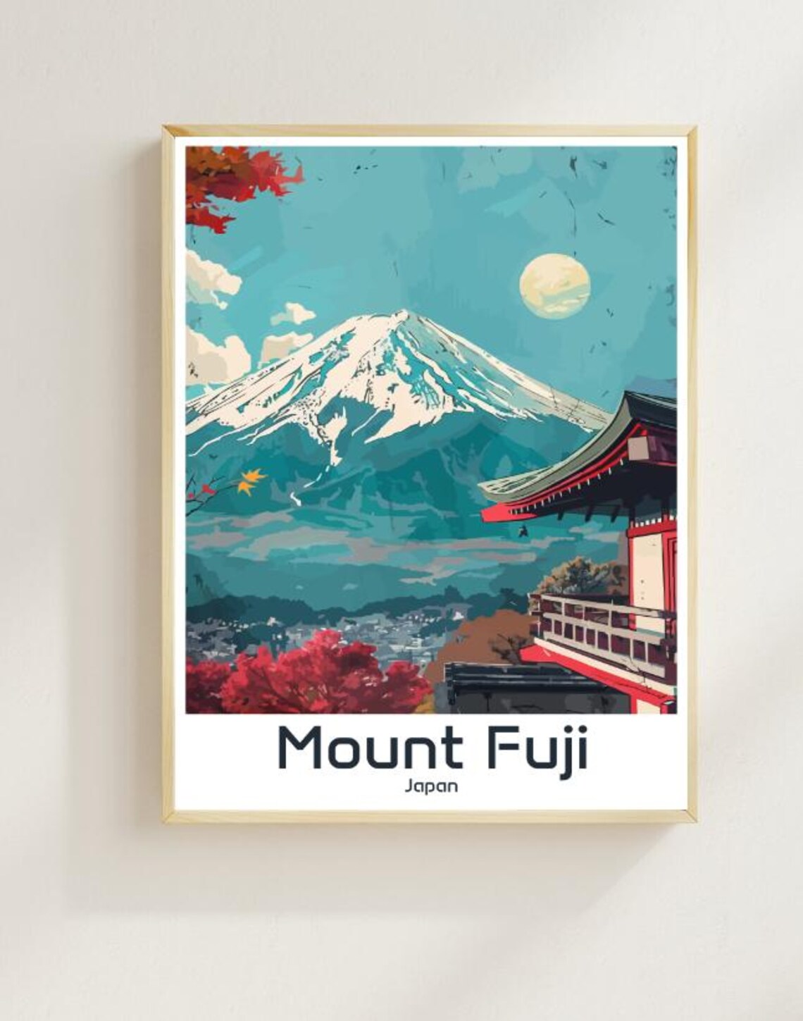 Mount Fuji Under Moonlight With Red Pagoda Vintage Japan Poster