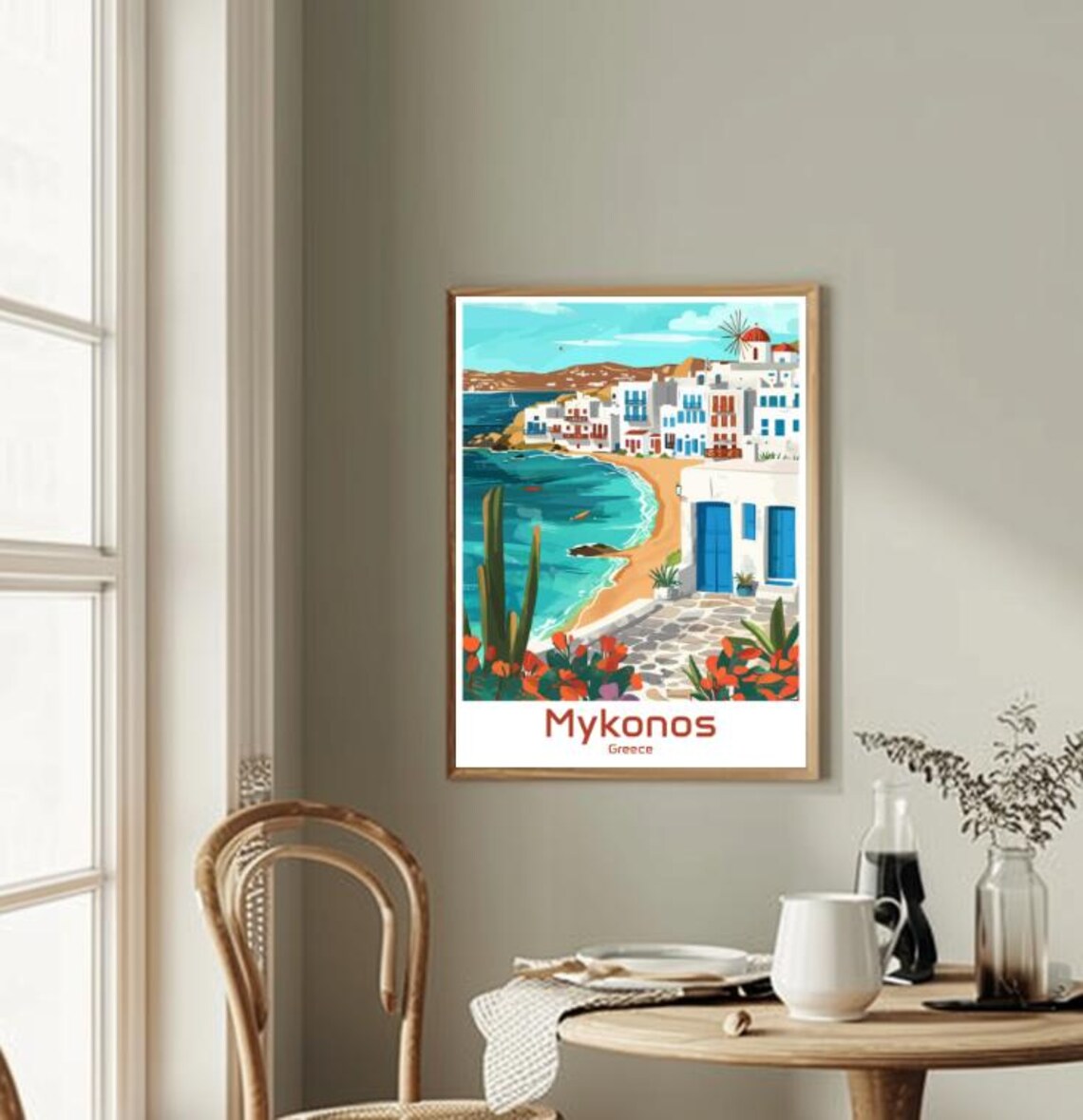 Mykonos Greece Whitewashed Houses Windmill and Aegean Bay Poster - Image 2