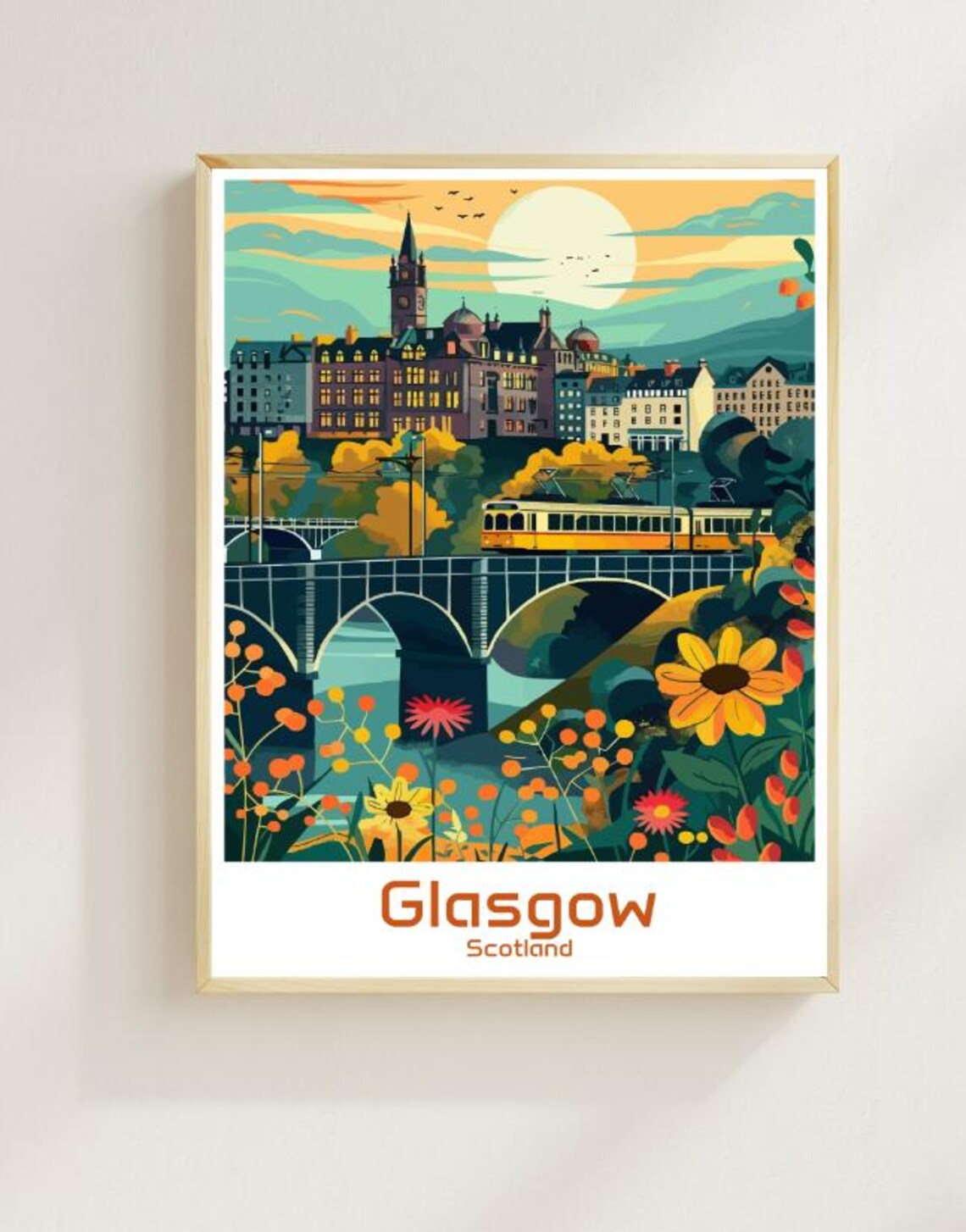 Glasgow Tram Crossing the Bridge at Sunset Scotland City Travel Poster