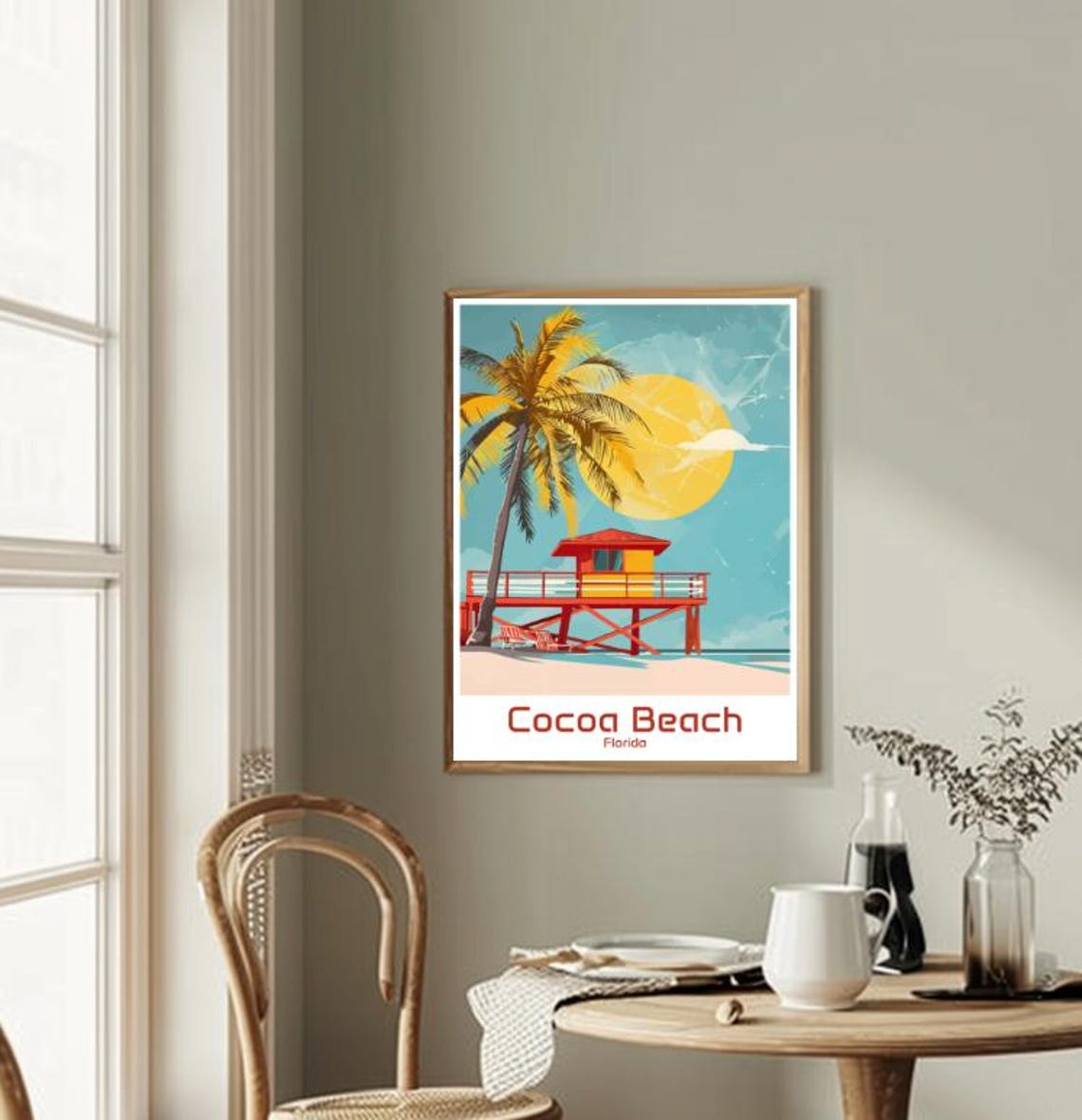 Cocoa Beach Florida Lifeguard Tower Palm Tree Sunset Travel Poster - Image 2