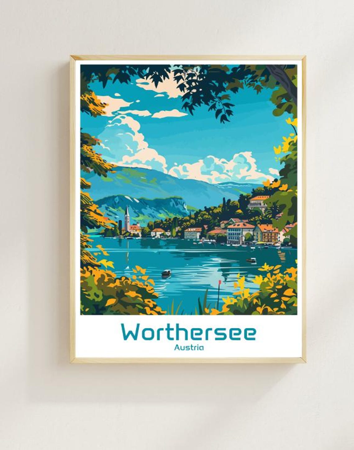Worthersee Austria Turquoise Lake and Shoreline Town Travel Poster