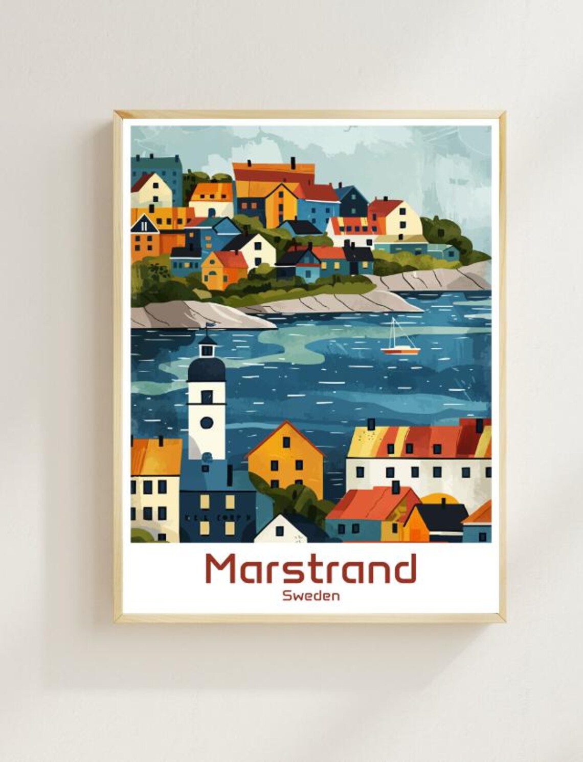 Marstrand Sweden Colorful Island Town Harbor Scene Travel Poster