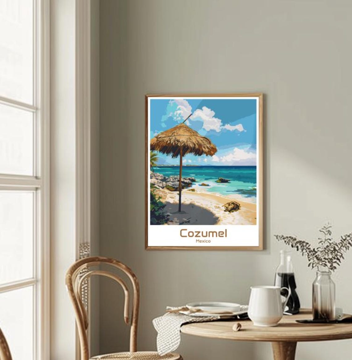 Cozumel Mexico Tropical Beach Thatched Umbrella Caribbean Poster - Image 2