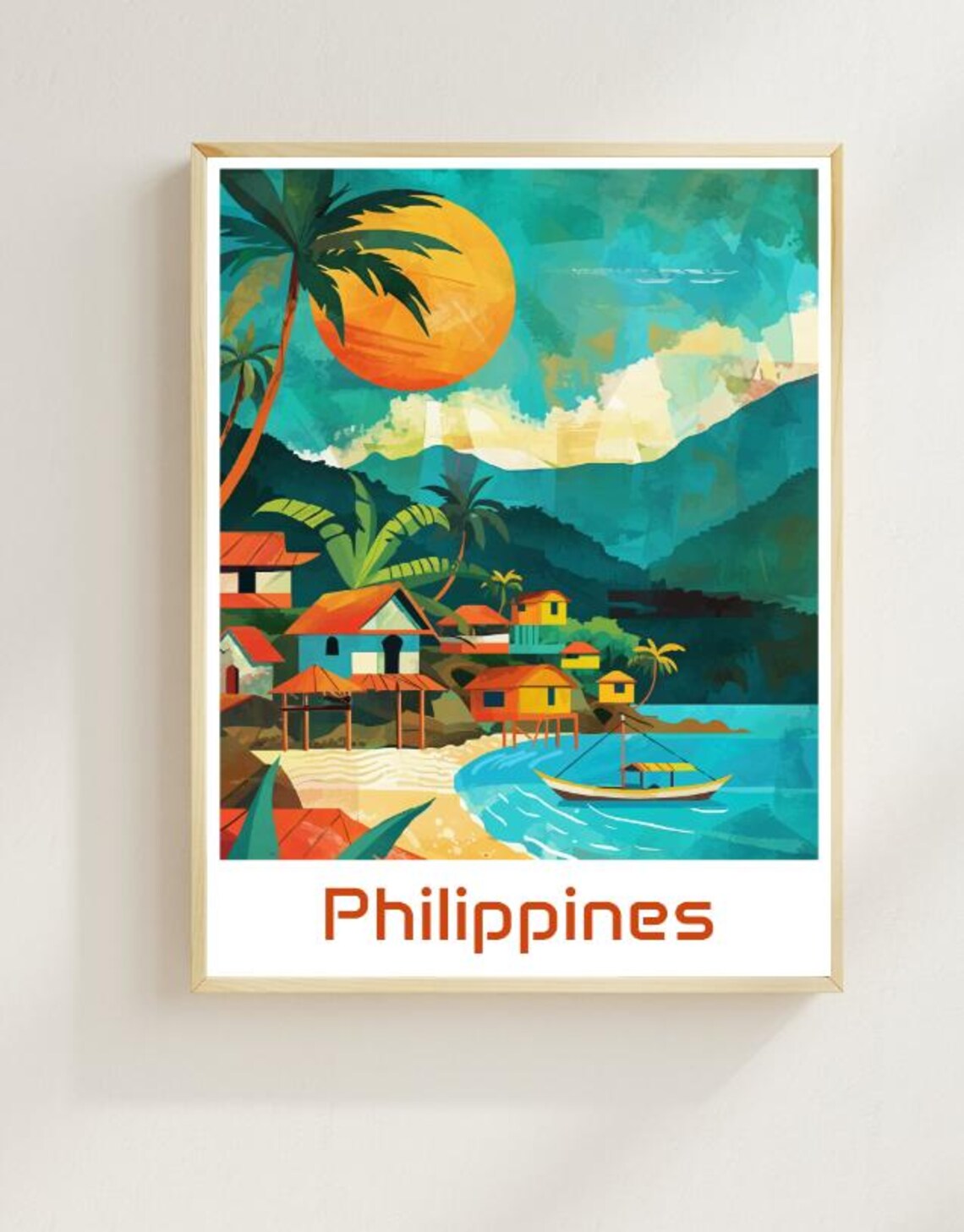 Philippines Tropical Beach Village Fishing Boat Sunset Poster