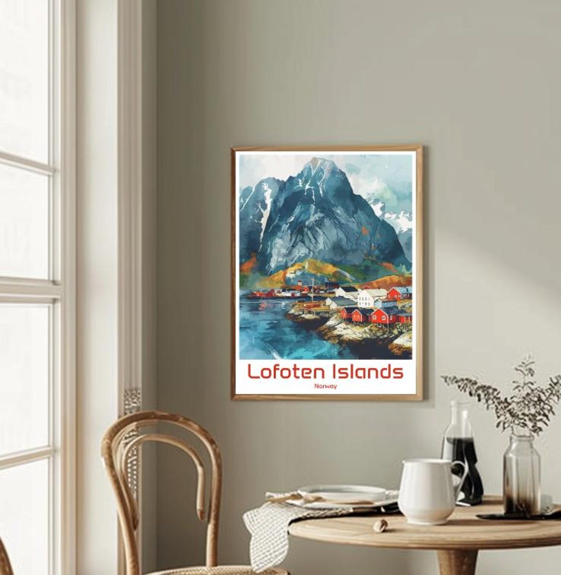 Lofoten Islands Norway Red Rorbu Cabins Arctic Peak View Poster - Image 2
