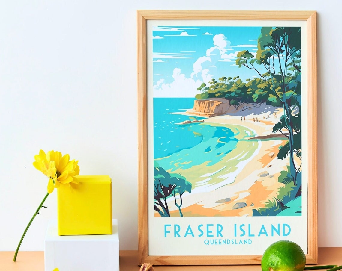 Fraser Island Queensland Turquoise Cove Beach Cliff Travel Poster - Image 3