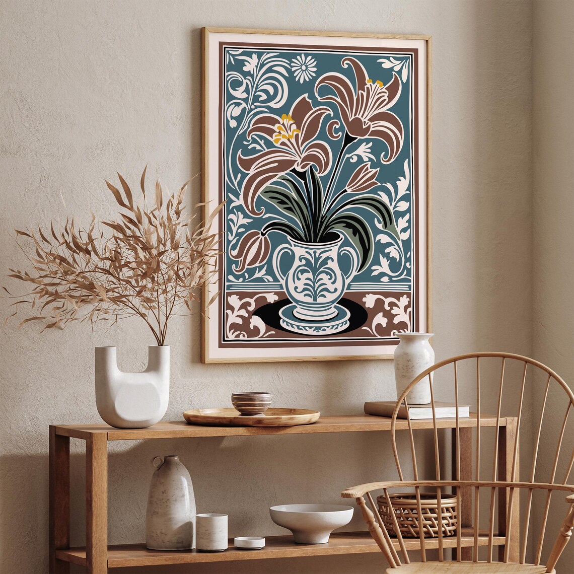 Art Nouveau Lilies In A Decorative Vase Floral Poster In Teal - Image 3