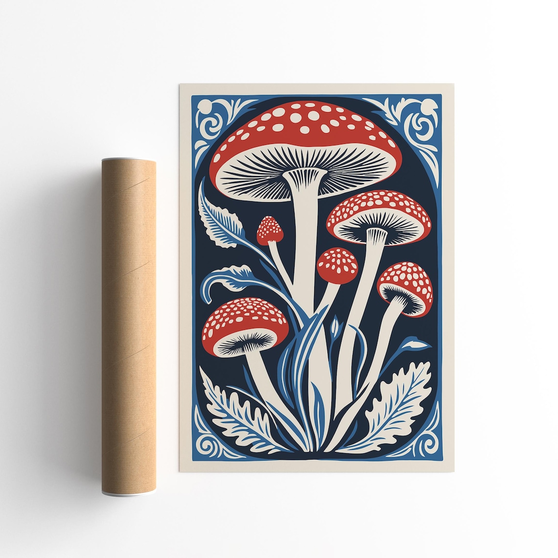 Vintage Amanita Muscaria Mushroom Linocut Botanical Decor Poster