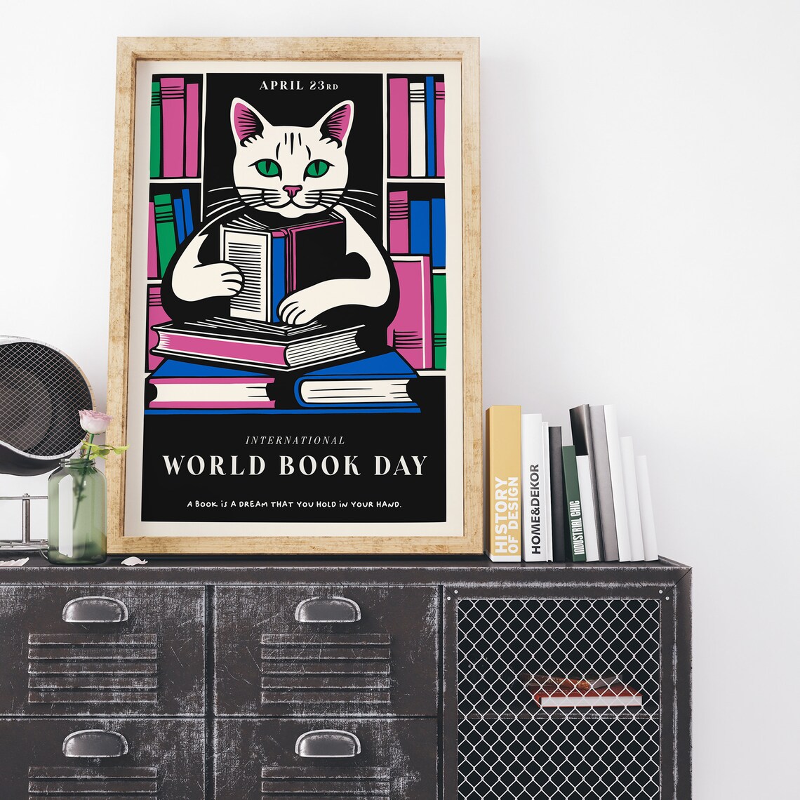 International World Book Day White Cat Reading Quote Art Poster - Image 2