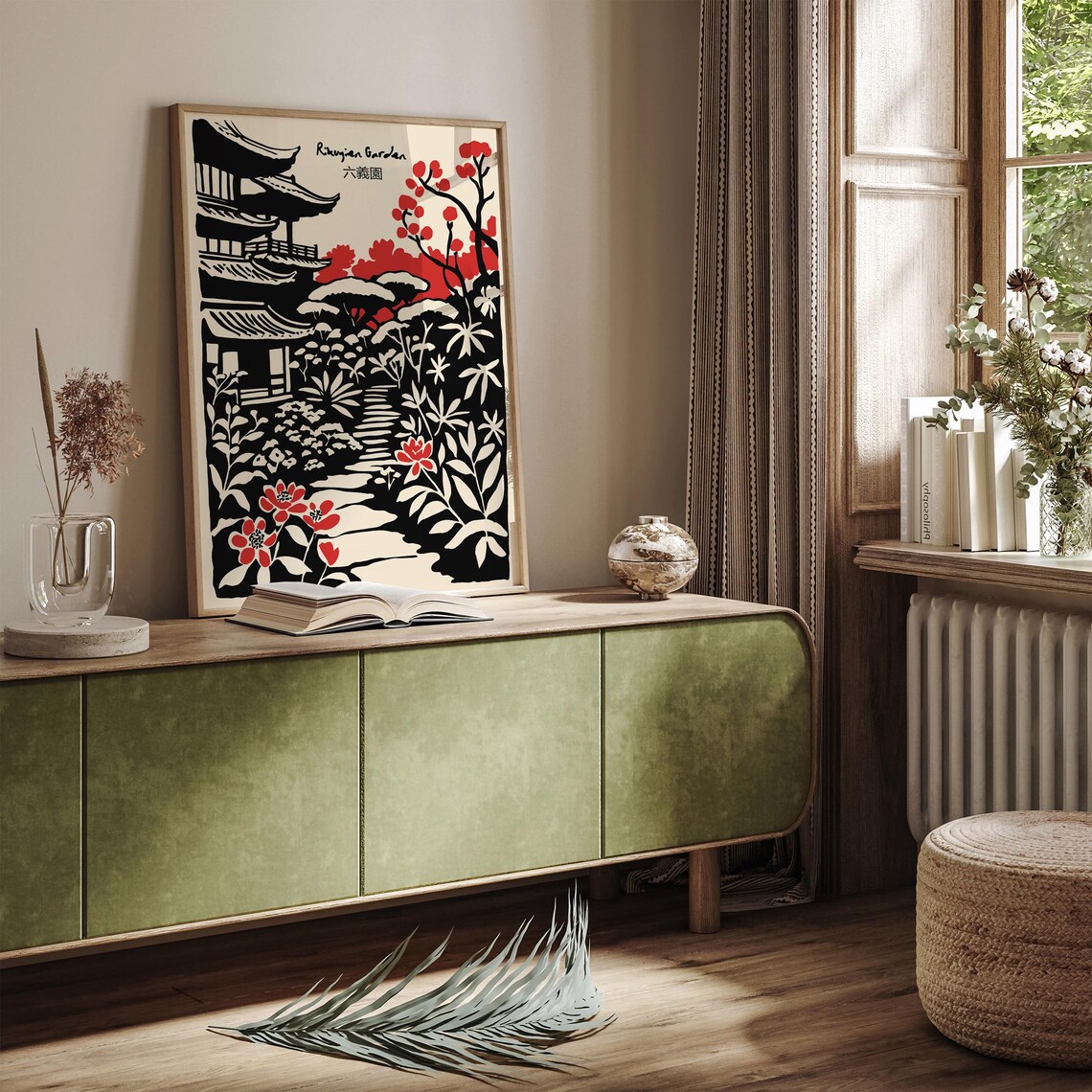 Rikugien Garden Black Ink Japanese Landscape Poster With Pavilion - Image 3