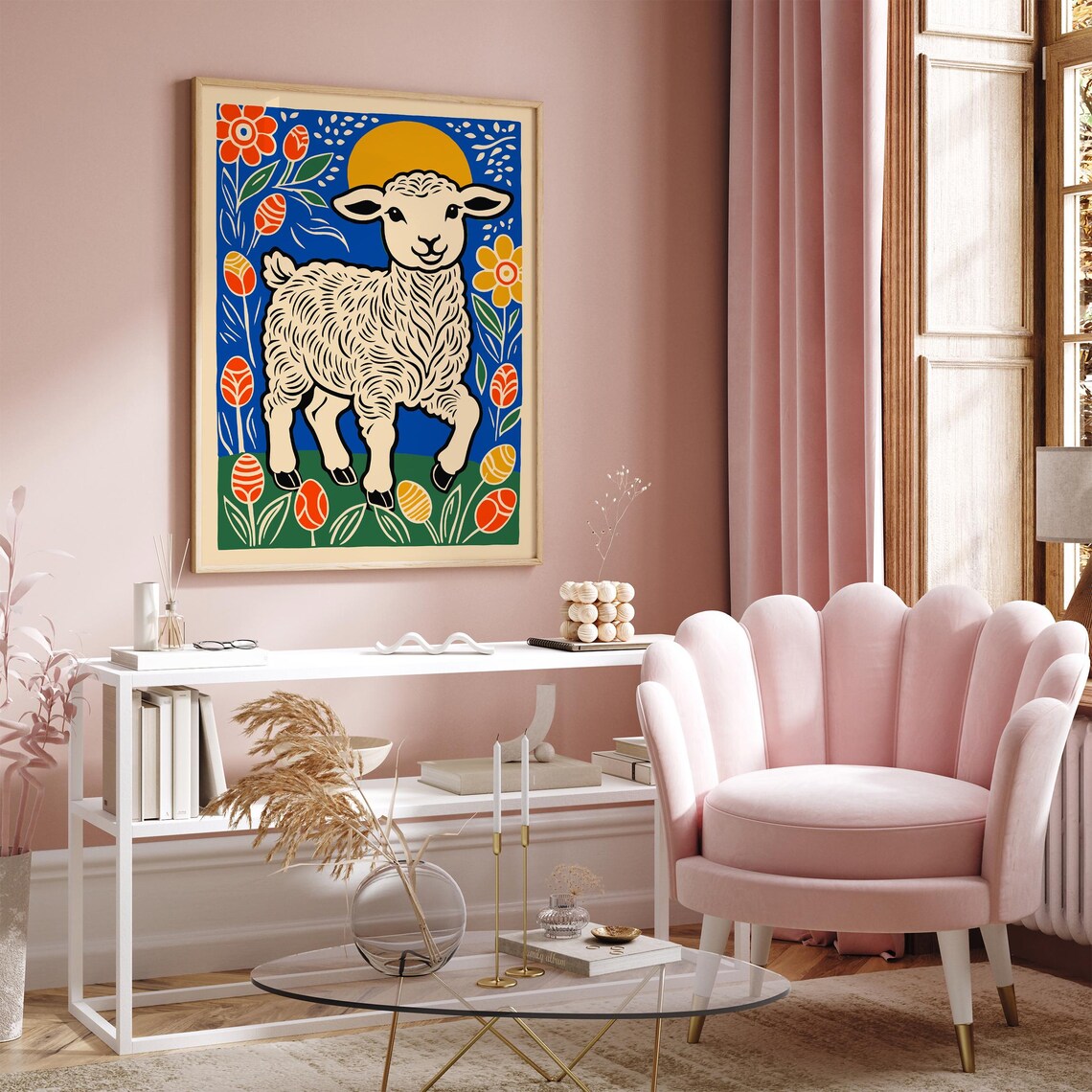 Folk Art Easter Lamb Poster With Colorful Eggs And Spring Flowers - Image 2