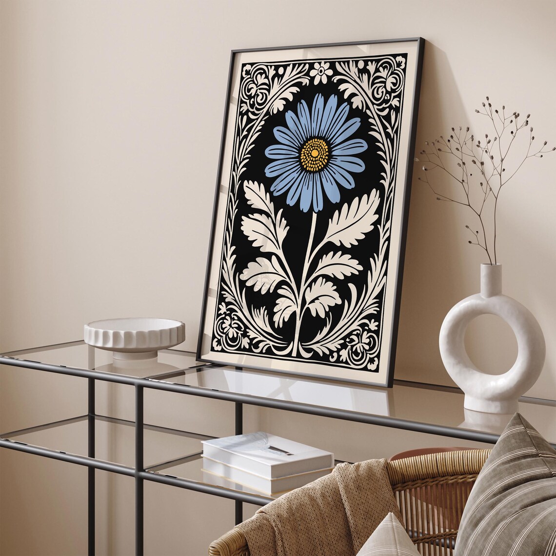 Blue Daisy Black Rococo Floral Vintage Style Botanical Poster - Image 5