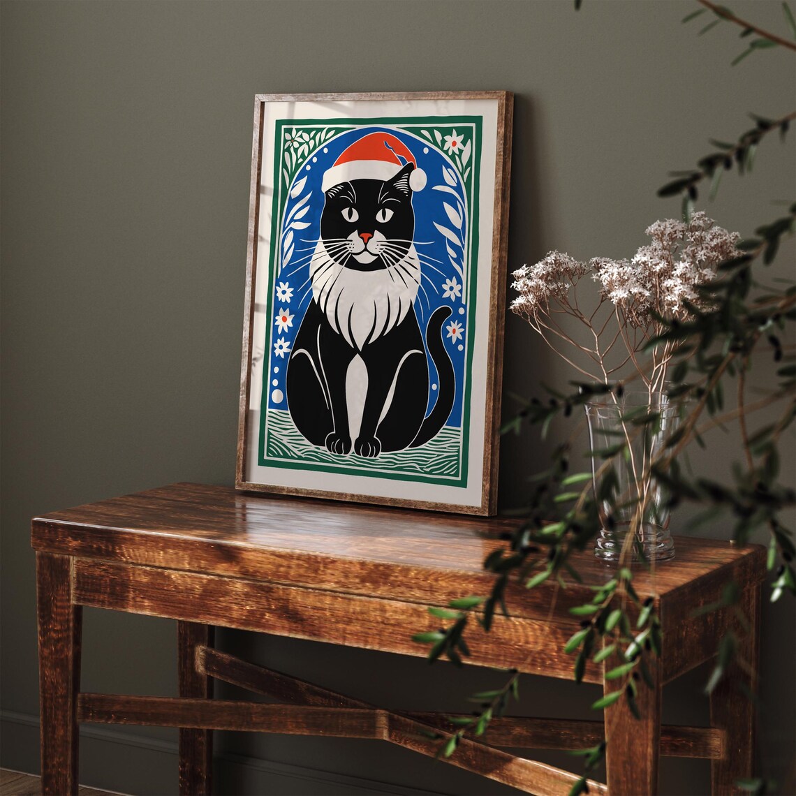 Black Tuxedo Cat in Santa Hat Holiday Portrait Winter Season Poster - Image 4
