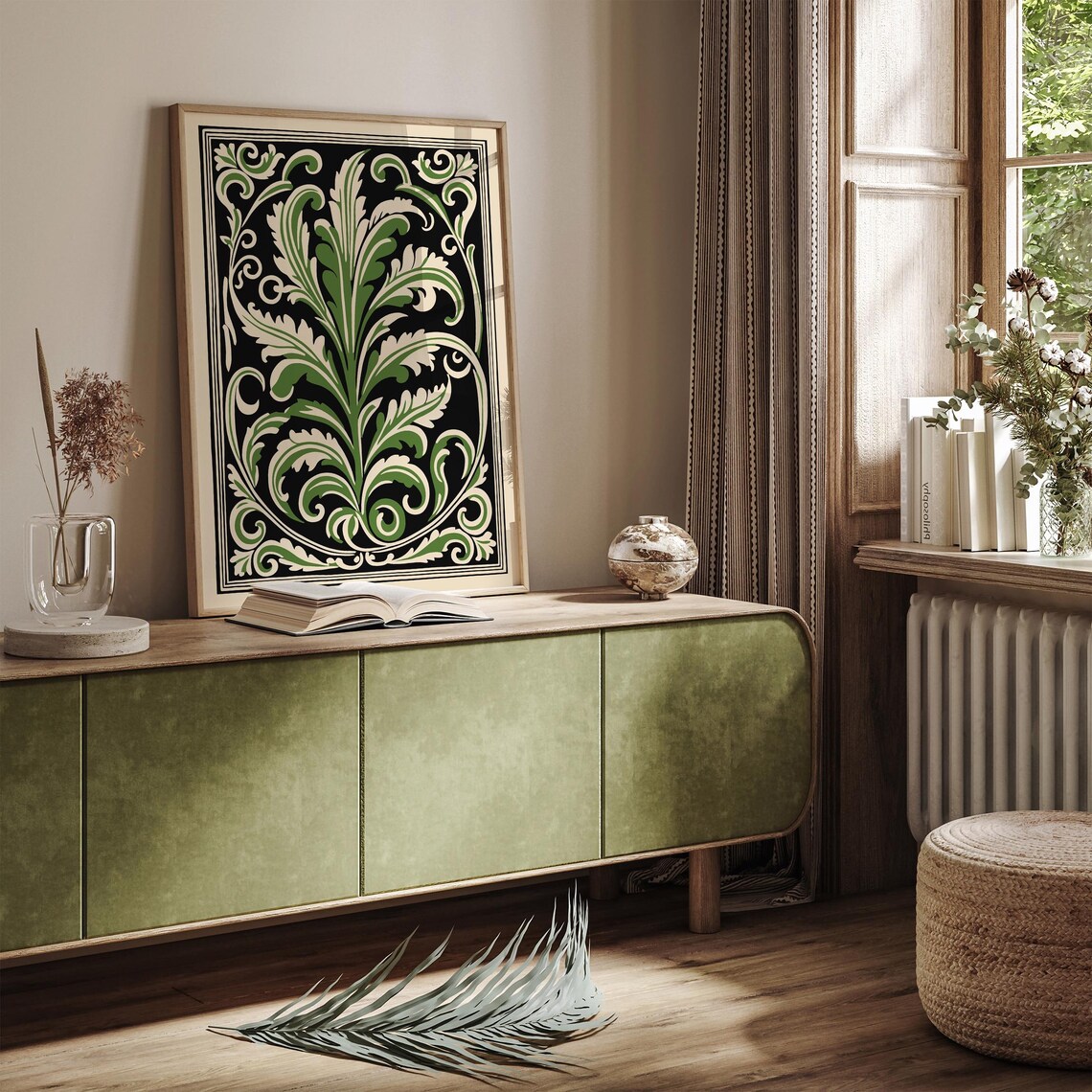 Green Acanthus Leaf Baroque Ornament on Black Classic Vintage Poster - Image 4