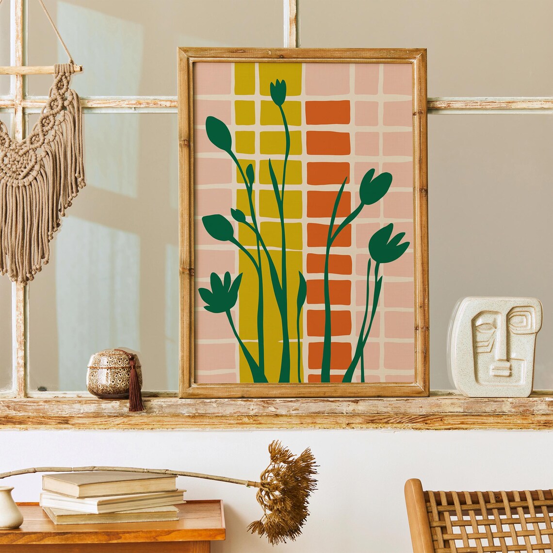 Green Tulip Silhouettes Warm Peach Grid Botanical Art Poster - Image 2