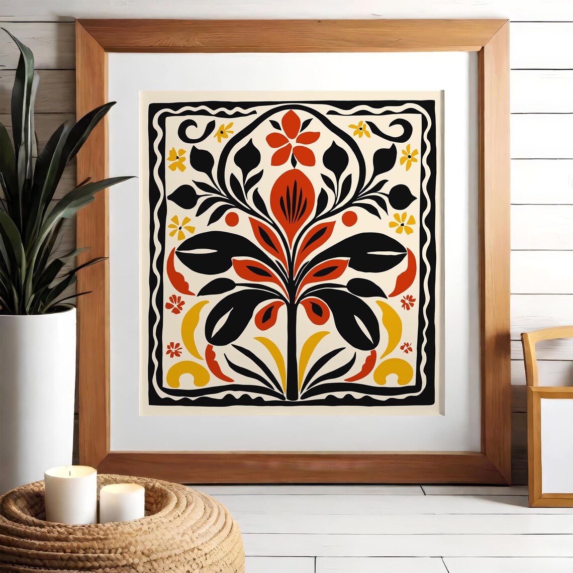 Bold Abstract Folk Floral Tile Square Art Poster In Warm Colors - Image 3