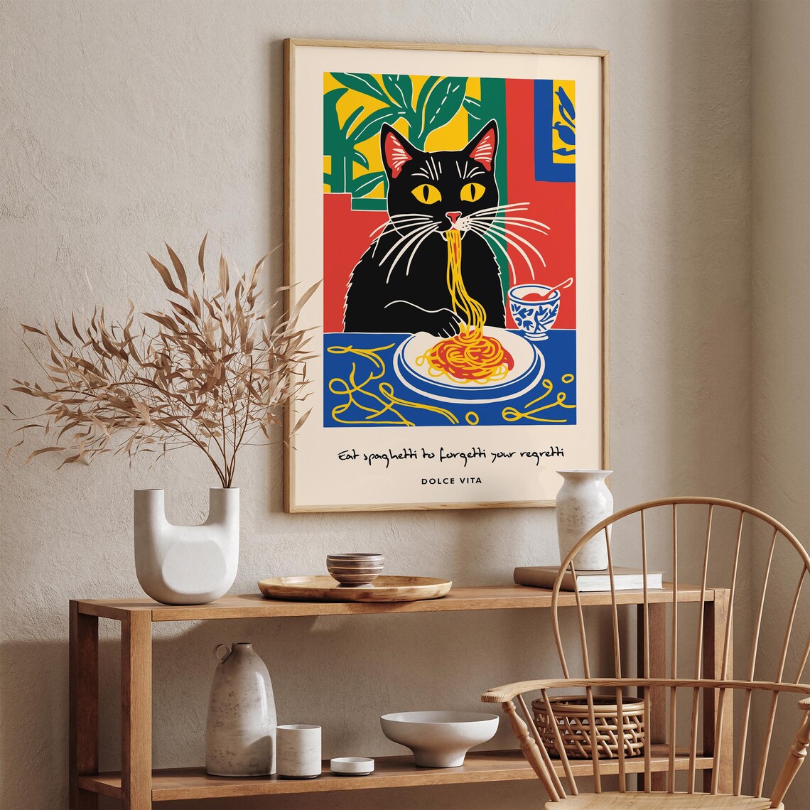 Black Cat Eating Spaghetti Funny Dolce Vita Kitchen Quote Poster - Image 6