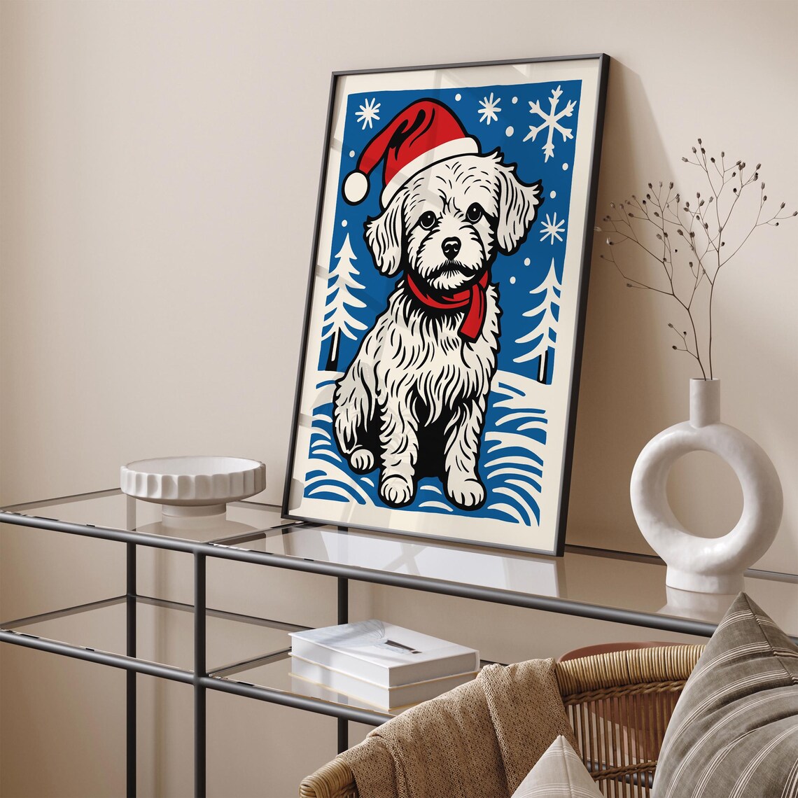 Cute Maltese Puppy in Santa Hat Snowy Blue Christmas Scene Poster - Image 4