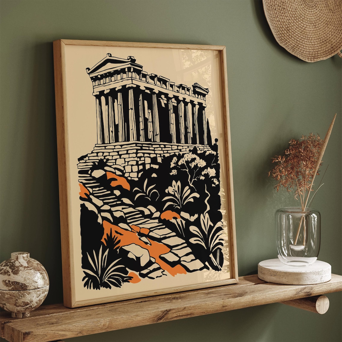 Greek Parthenon Ancient Athens Temple Black Beige Travel Poster