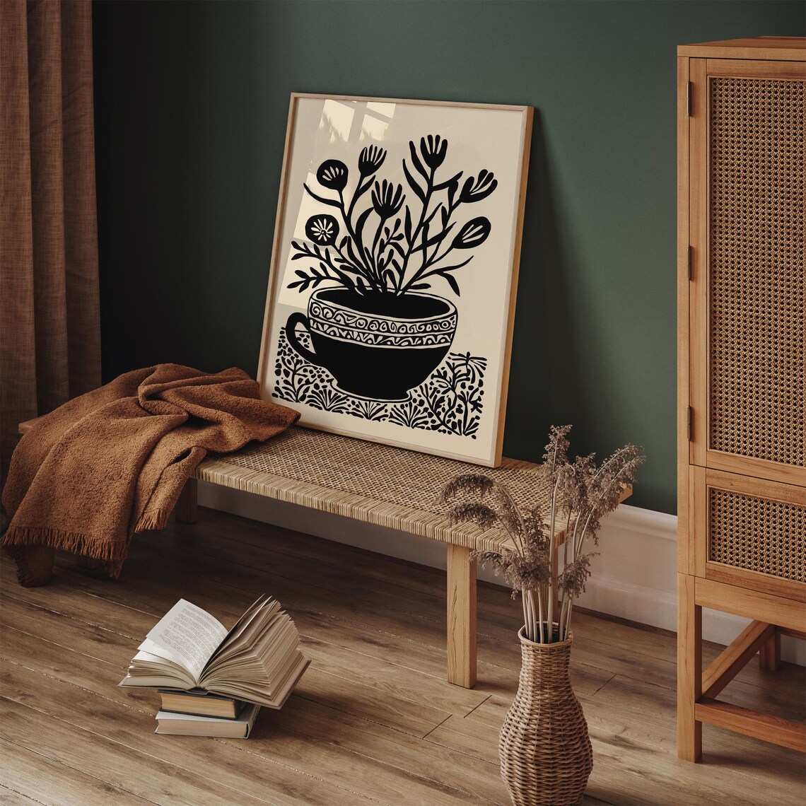 Black Ink Flowers in a Teacup Minimalist Botanical Illustration Poster - Image 4