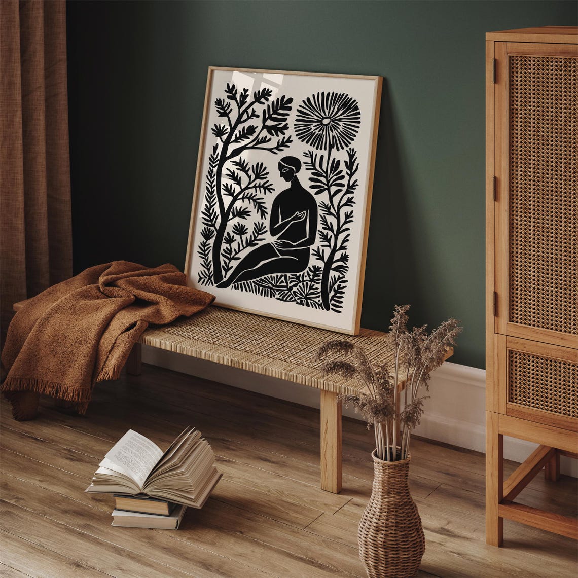Black White Botanical Harmony Seated Woman Among Plants Linocut Poster - Image 3