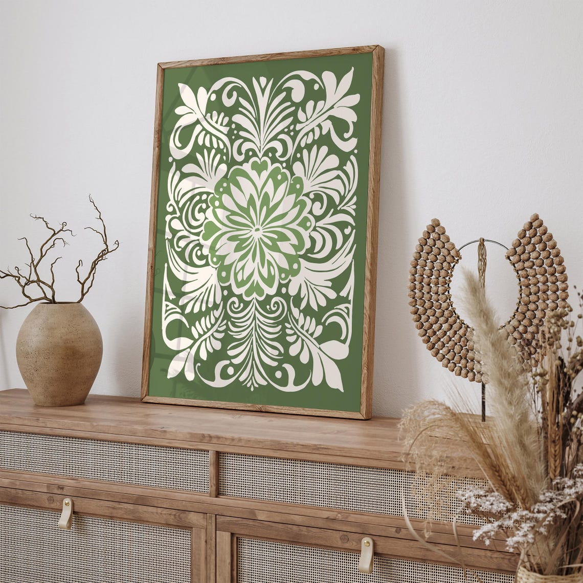 Green Cream Elegant Floral Pattern Rococo Botanical Art Print - Image 2