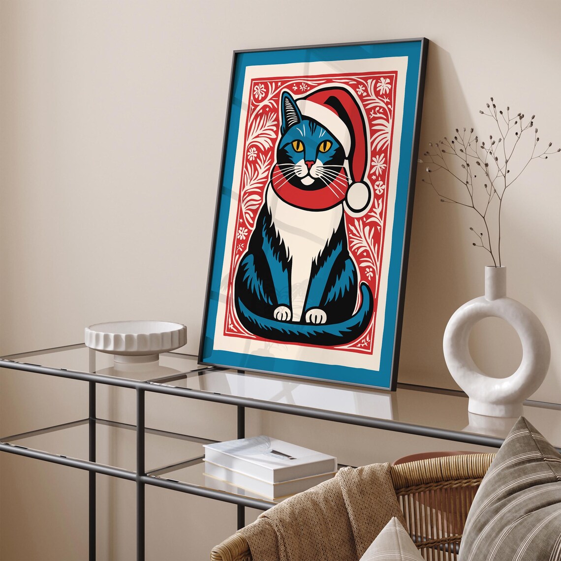 Blue Christmas Cat in Santa Hat Red Floral Folk Border Fun Poster - Image 5