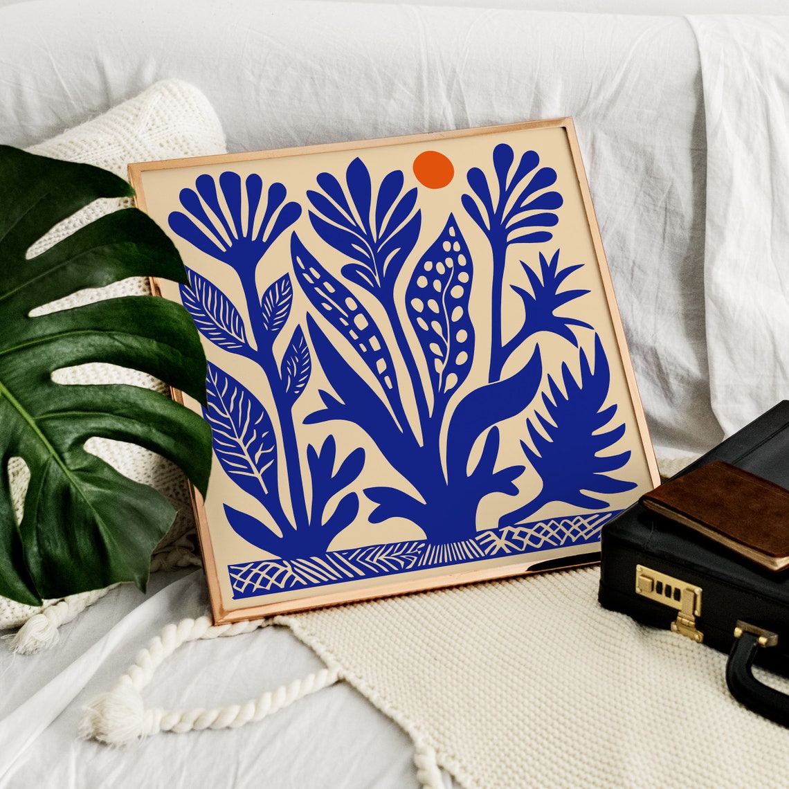 Indigo Blue Botanical Coral Reef Square Ocean Decorative Poster - Image 3