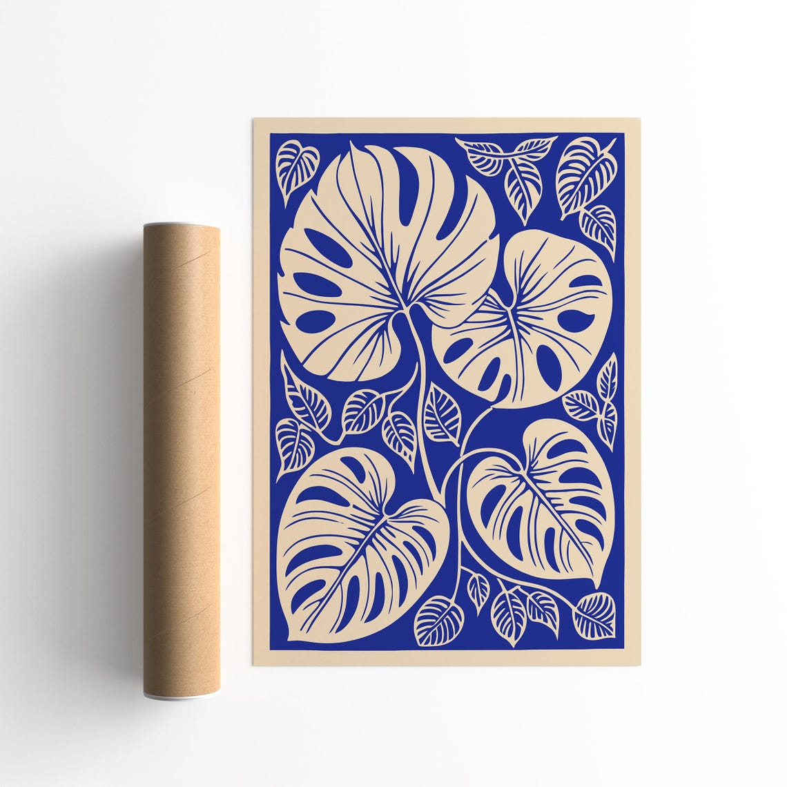 Blue Monstera Leaf Linocut Tropical Botanical Illustration Print