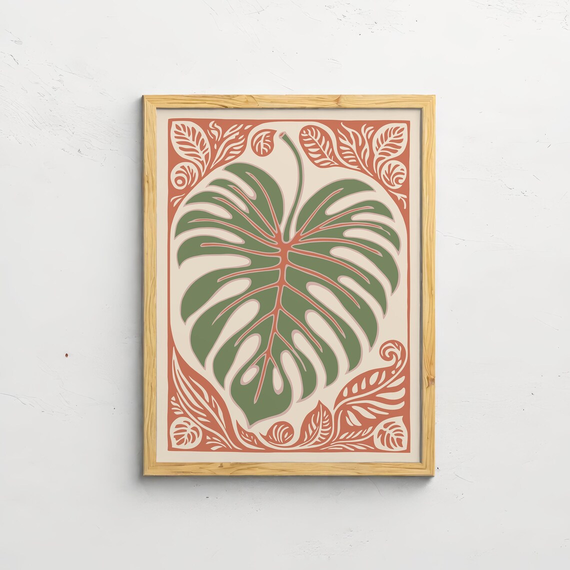 Green Monstera Leaf Linocut Tropical Botanical Terracotta Art Poster